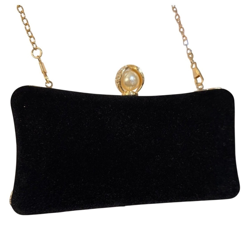 Black Velvet Evening Clutch Pearl Kiss Lock Gold Chain Formal Bag Homecoming
